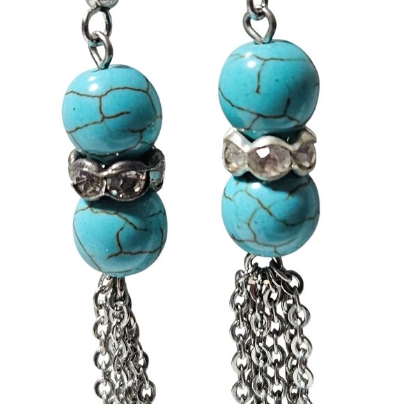 Turquoise Beaded Silver Tone Chain Dangle Earrings Southwest Boho Fashion Women - Picture 2 of 4